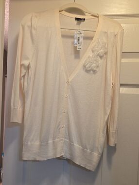 Silk blend cardigan, 5th brand, cream/ivory color with floral appliqué detail